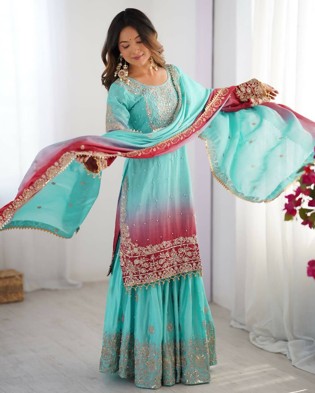 The52 Women's Beautiful Chinon silk Fabric Embroidery Work Straight Kurta Palazzo and Dupatta Set | Grocsy