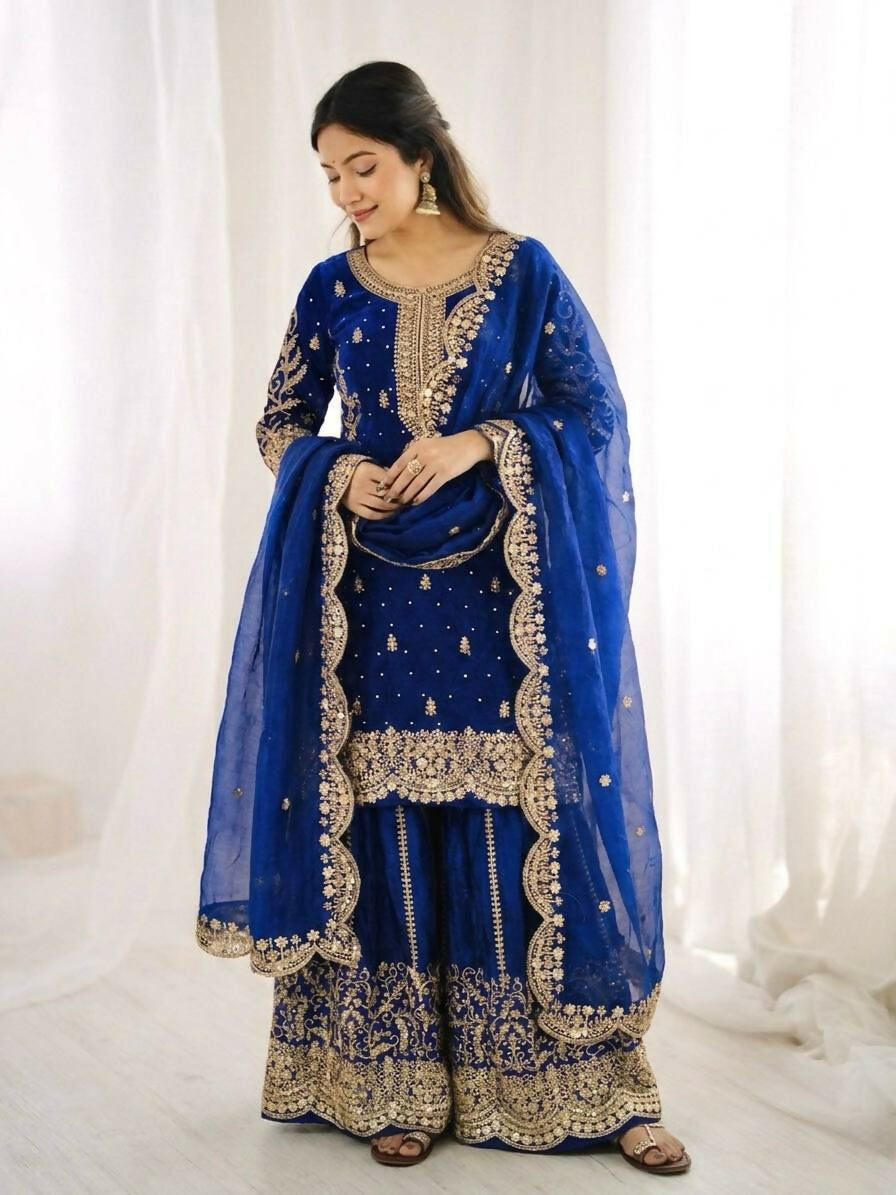 Teeya Creation Womens New Trendy Embroidery Coding And Sequence Work Royal Blue Kurta Set | Grocsy