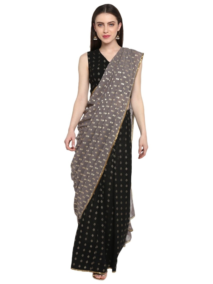 Ahalyaa Women's Black Georgette Foil Print Ready to Wear Saree | Grocsy