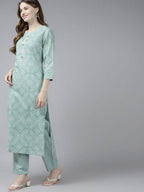 Yufta Women Green Bandhani Print Gotta Patti Pure Cotton Kurta with Palazzo and Dupatta | Grocsy