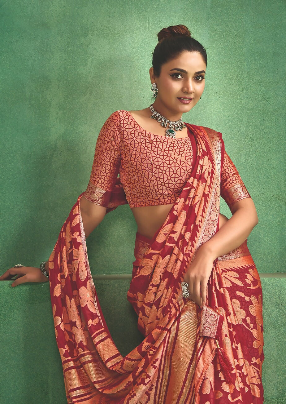 Joban Fashion Pinkdull Moss Brasso With Kasab Zari Border Saree & Tassels With Brasso Blouse | Grocsy