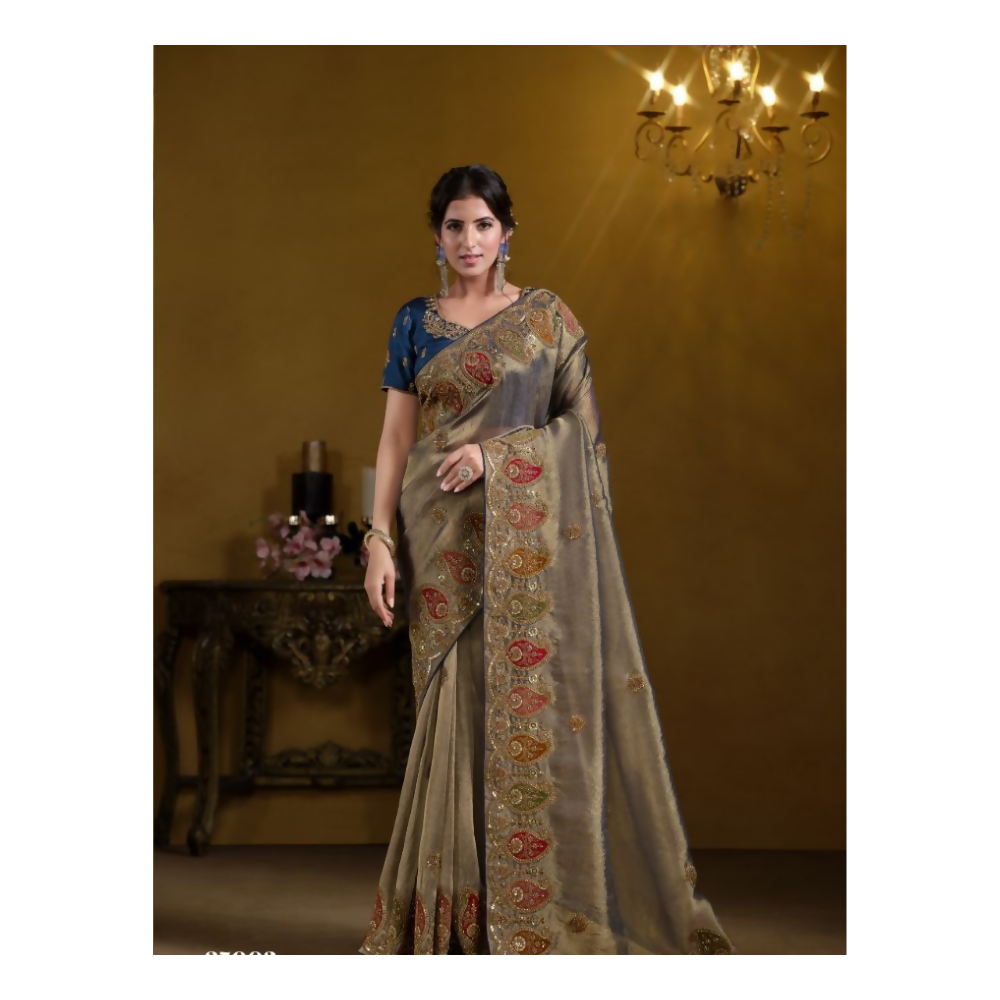 Teal Blue Pure Georgette Pure Khatli work Designer Saree With Blouse. - Rajasvi | Grocsy
