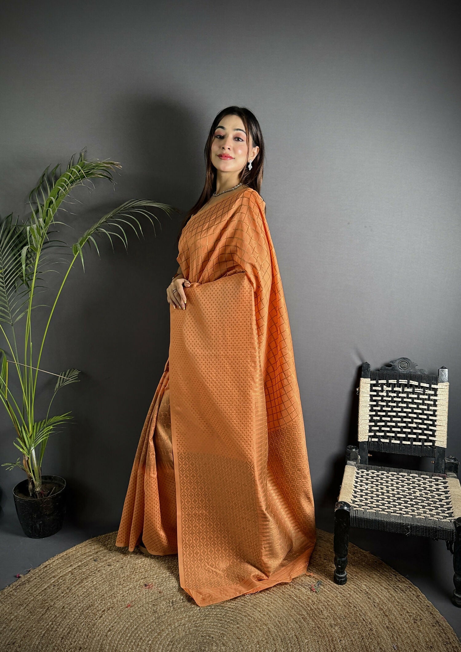 Joban Fashion Orange Banarasi Soft Lichi Silk Checks & Woven Saree | Grocsy