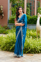 Vastranavya Firozi Embroidery Work Shimmer Chiffon Saree with Unstitched Blouse | Grocsy
