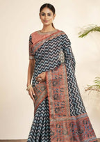 Blue Bhagalpuri Silk Stripe printed with Stone Work & Hand Work Saree - Norita Nirvi | Grocsy