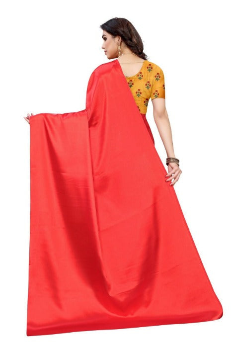 Vamika Plain Red Satin Saree (SATIN GLORY RED) | Grocsy