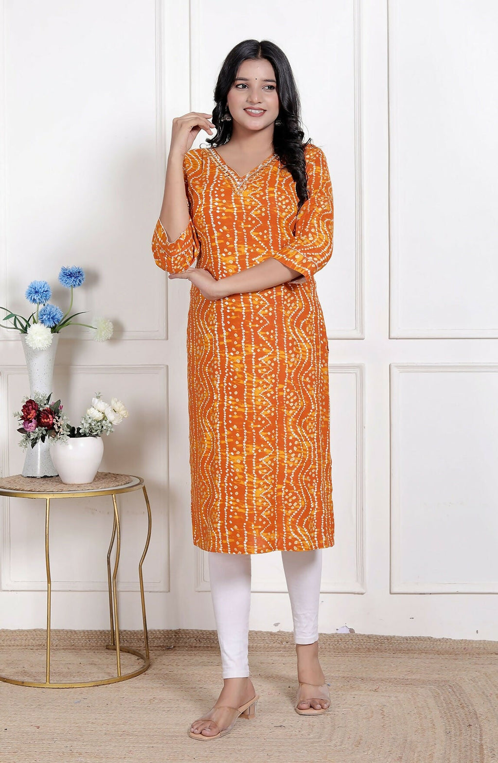 Miravan Womens Yellow Bandhani Printed Straight Kurti | Grocsy