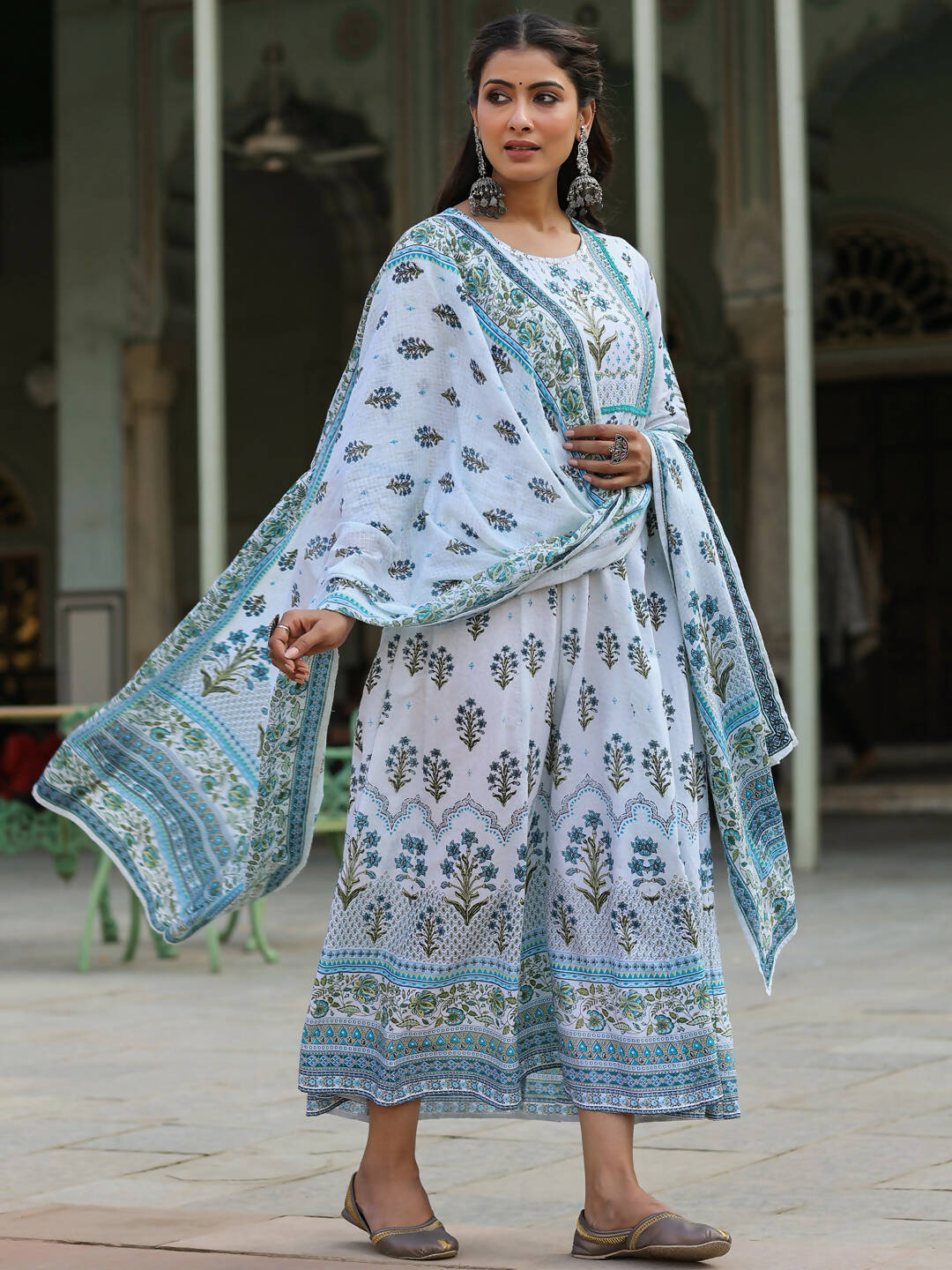 Juniper Women's Skyblue Cambric Floral Placement Kurta Dupatta Sets | Grocsy