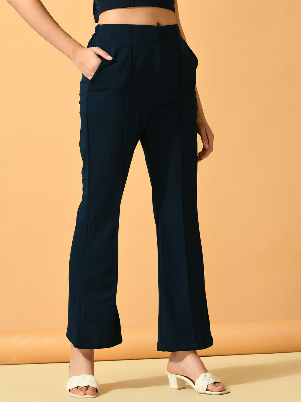 Myshka Women's Navy Blue Solid Coat With Trousers | Grocsy