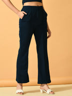 Myshka Women's Navy Blue Solid Coat With Trousers | Grocsy