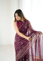 PR Fashion Wine Georgette Patta Plain With Foil Work And Small Lace And Zalar Lace Saree | Grocsy