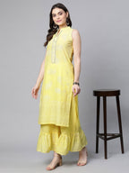 Ahalyaa Women Yellow Colour Pure Cotton Glitter Print Kurta Palazzo Set | Grocsy