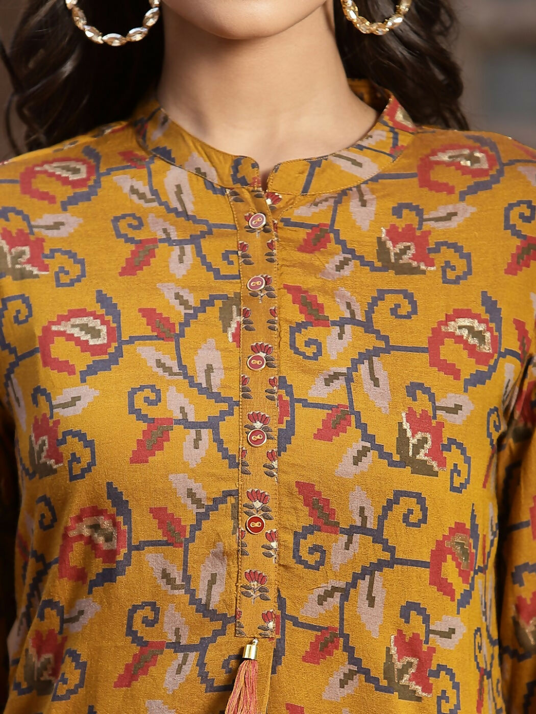 Juniper Mustard Floral Printed Muslin Kurta With Tassels & A Pleat At Front | Grocsy