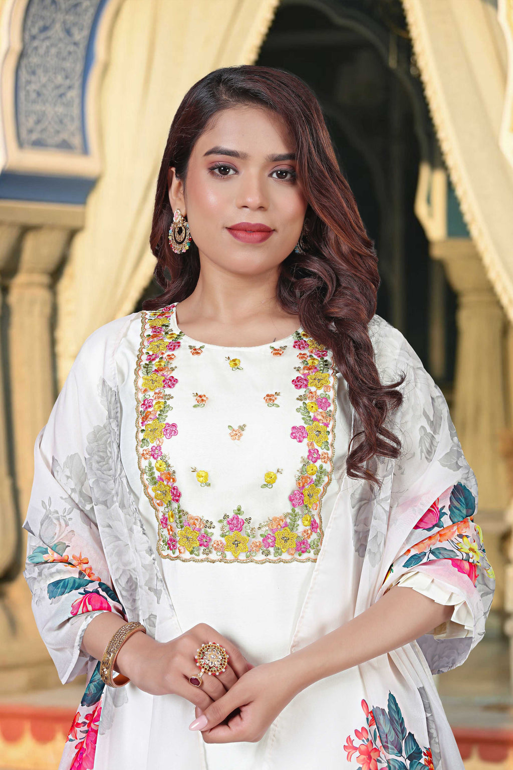 The52 Women's Beautiful Chanderi Fabric Embroidery Work Straight Kurta Pant and Dupatta Set | Grocsy