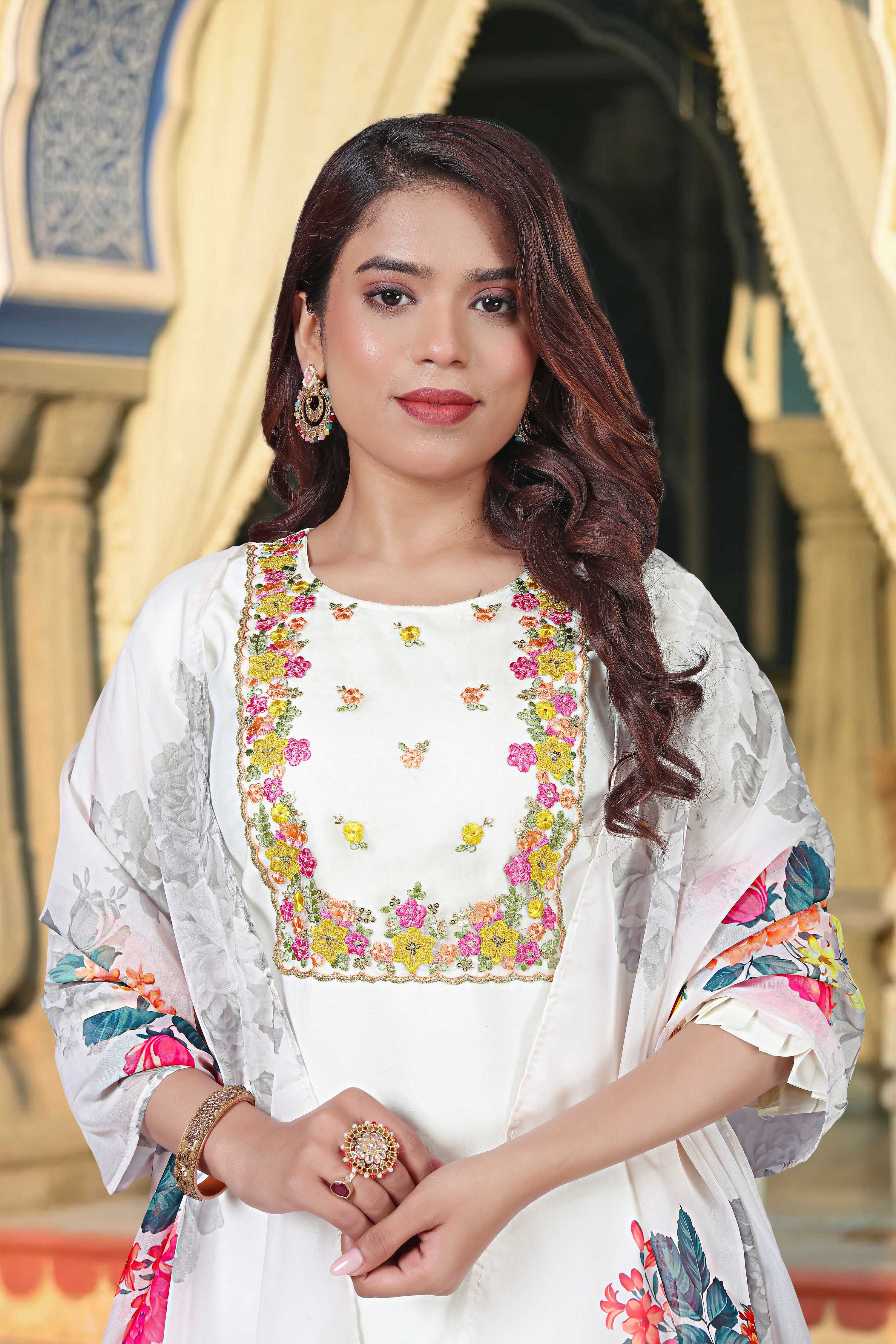 The52 Women's Beautiful Chanderi Fabric Embroidery Work Straight Kurta Pant and Dupatta Set | Grocsy