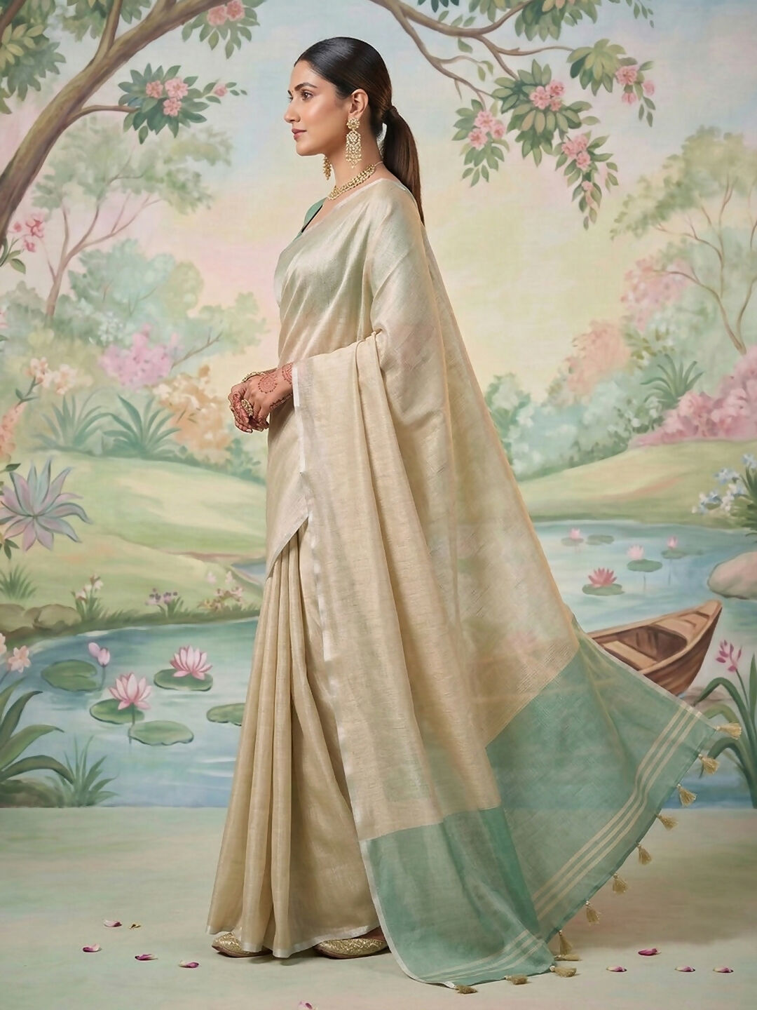 Shree Shyam Fashion Beige Tissue Silk Saree | Grocsy