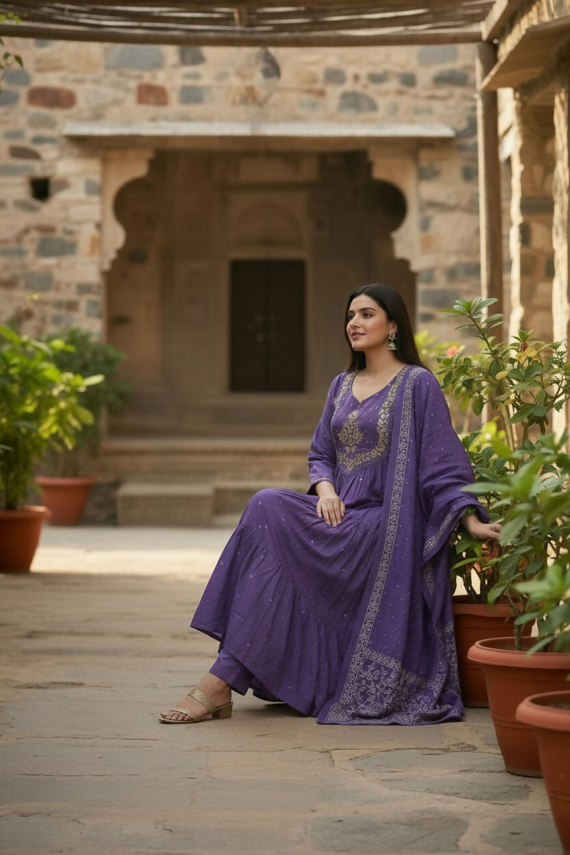 The52 Women's Beautiful Cotton Fabric Embroidery Work Flared Anarkali Pant and Dupatta Set | Grocsy