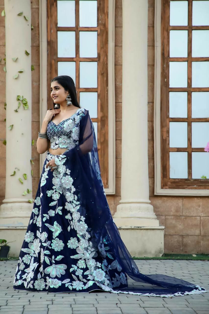 Jyoti Fashion Women's Navy Blue Kasturi Silk Georgette Rainbow Sequins with Dori Embroidered Designer Lehenga Choli Set | Grocsy