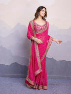 Pink Georgette Bandhani Printed,Embroidery Work Saree - Surkhi | Grocsy
