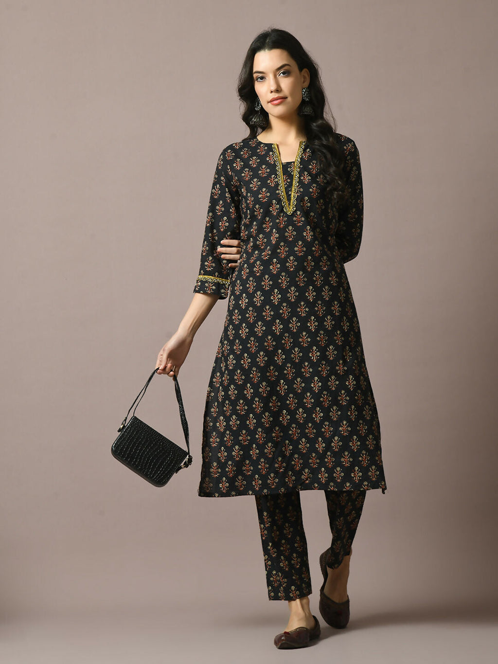 Myshka Women's Black Printed Cotton Straight Party Kurta Set | Grocsy