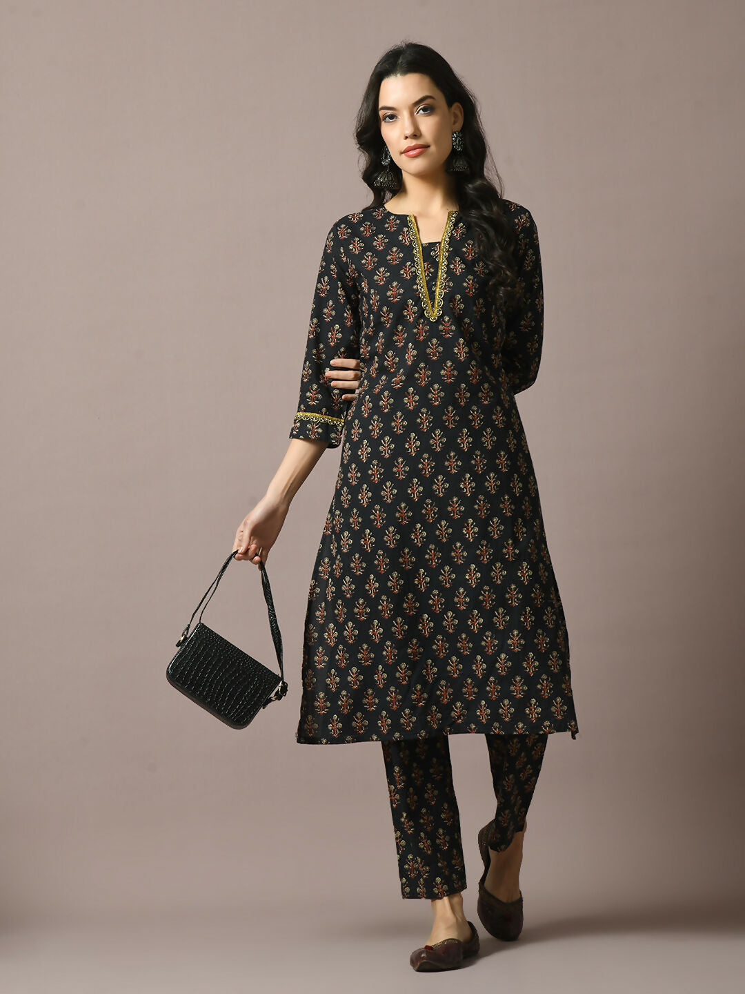 Myshka Women's Black Printed Cotton Straight Party Kurta Set | Grocsy