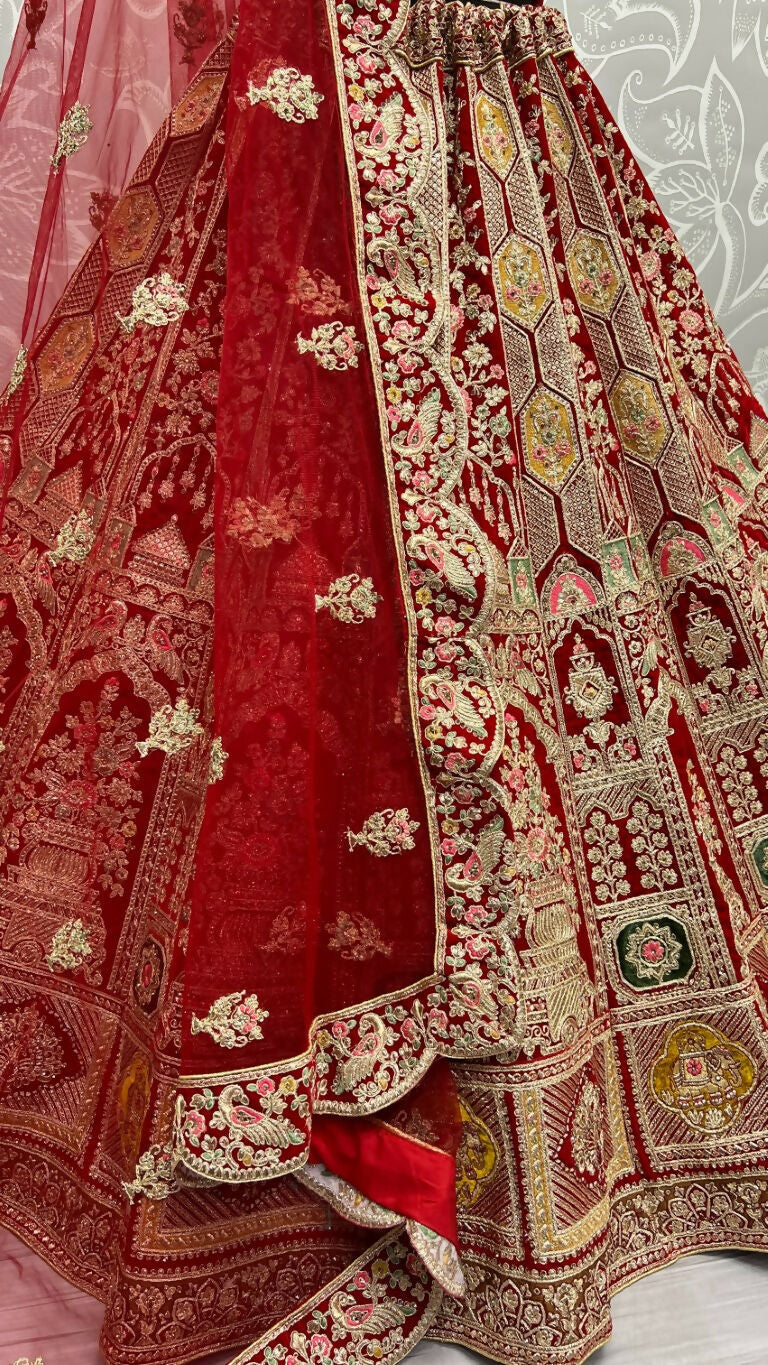 Jyoti Fashion Women's Red Velvet Dori, Multi Thread Embroidered with Diamond Work Wedding Lehenga Choli | Grocsy
