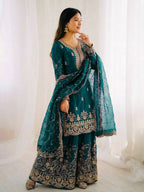 Teeya Creation Morpich Color Gymmi Silk Embroidery Work Wedding Wear Sharara Set | Grocsy