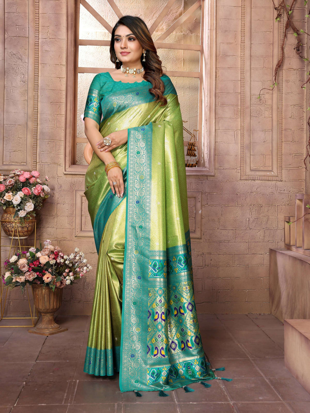 Aastha Fashion Pista Banarasi Tissue Silk Weaving Saree | Grocsy