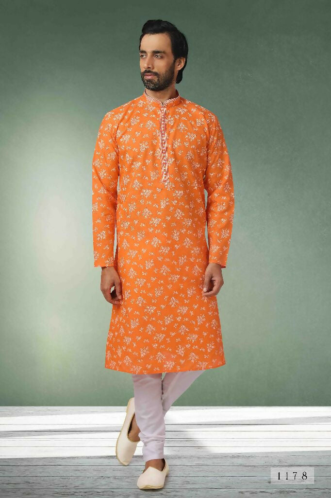 Raivat Ethnic Cotton Printed Work Kurta Pajama In Orange Colour | Grocsy