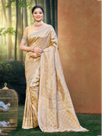 Sangam Prints Beige Kanjivaram Silk Woven Work Traditional Saree | Grocsy