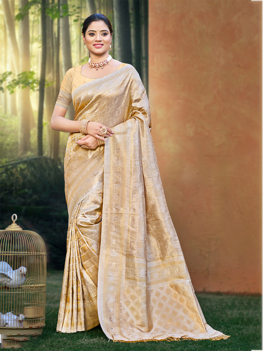 Sangam Prints Beige Kanjivaram Silk Woven Work Traditional Saree | Grocsy