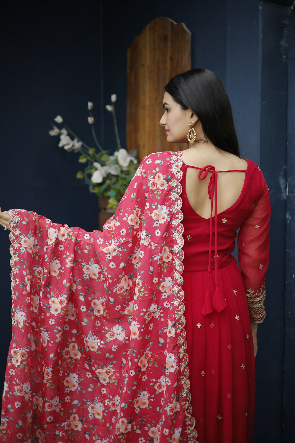 Aayaa Designer Embroidery Zari Sequins-Work Faux Blooming Georgette Suit - Red | Grocsy