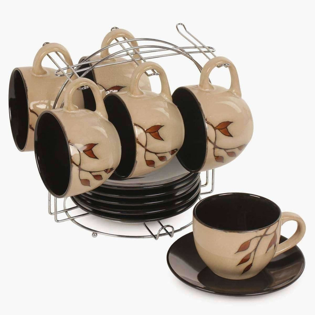 Home Centre Caraway Cup and Saucer- Set of 13 Pcs - 220 ml - Brown | Grocsy