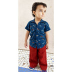 Mhyssa Half Sleeve Blue Shirt With Full Length Red Pant Set For Kids | Grocsy