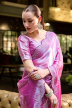 Vastranavya Baby Pink Embroidery Work Shimmer Chiffon Saree with Unstitched Blouse | Grocsy