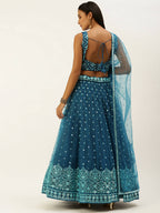 House of Panchhi Teal Net Sequinse Work Lehenga & Blouse, Dupatta | Grocsy