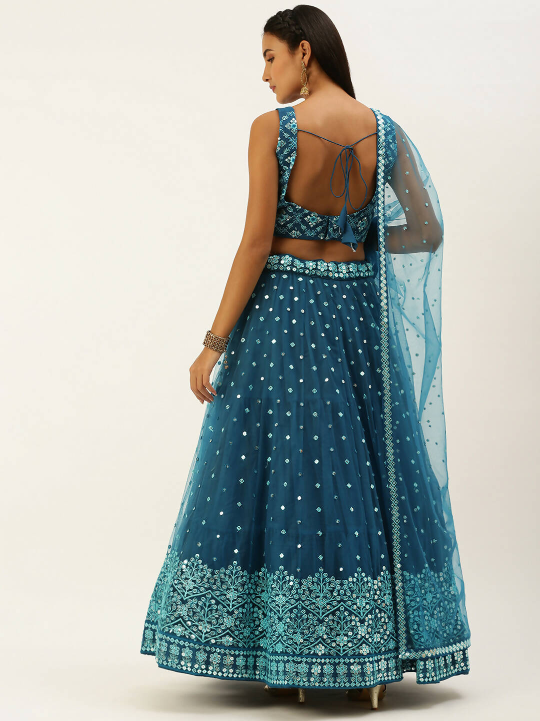 House of Panchhi Teal Net Sequinse Work Lehenga & Blouse, Dupatta | Grocsy