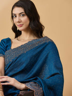 Blue Silk Blend Embroidered Saree with Unstitched Blouse - Vairagi | Grocsy