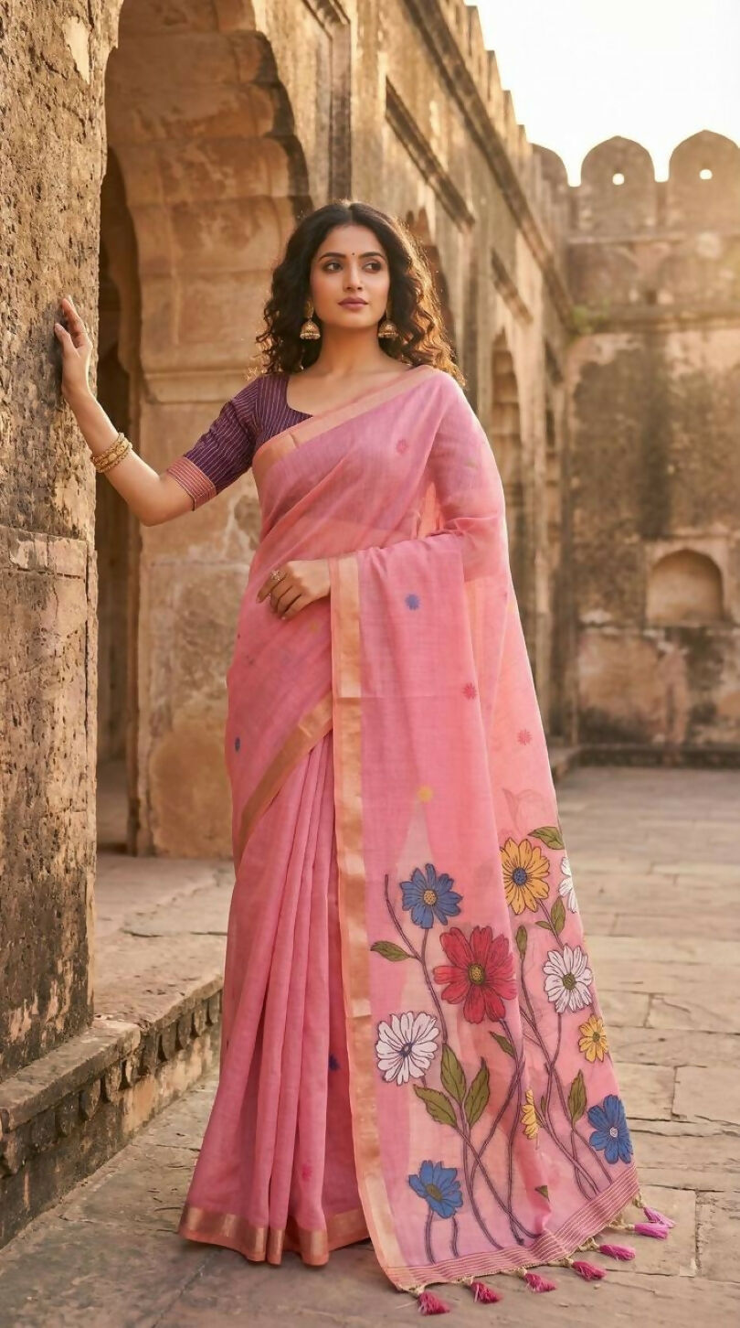 Vastranavya Pink Muga Cotton Meenakari & Azarakh Pallu Saree with Contrast Blouse | Grocsy