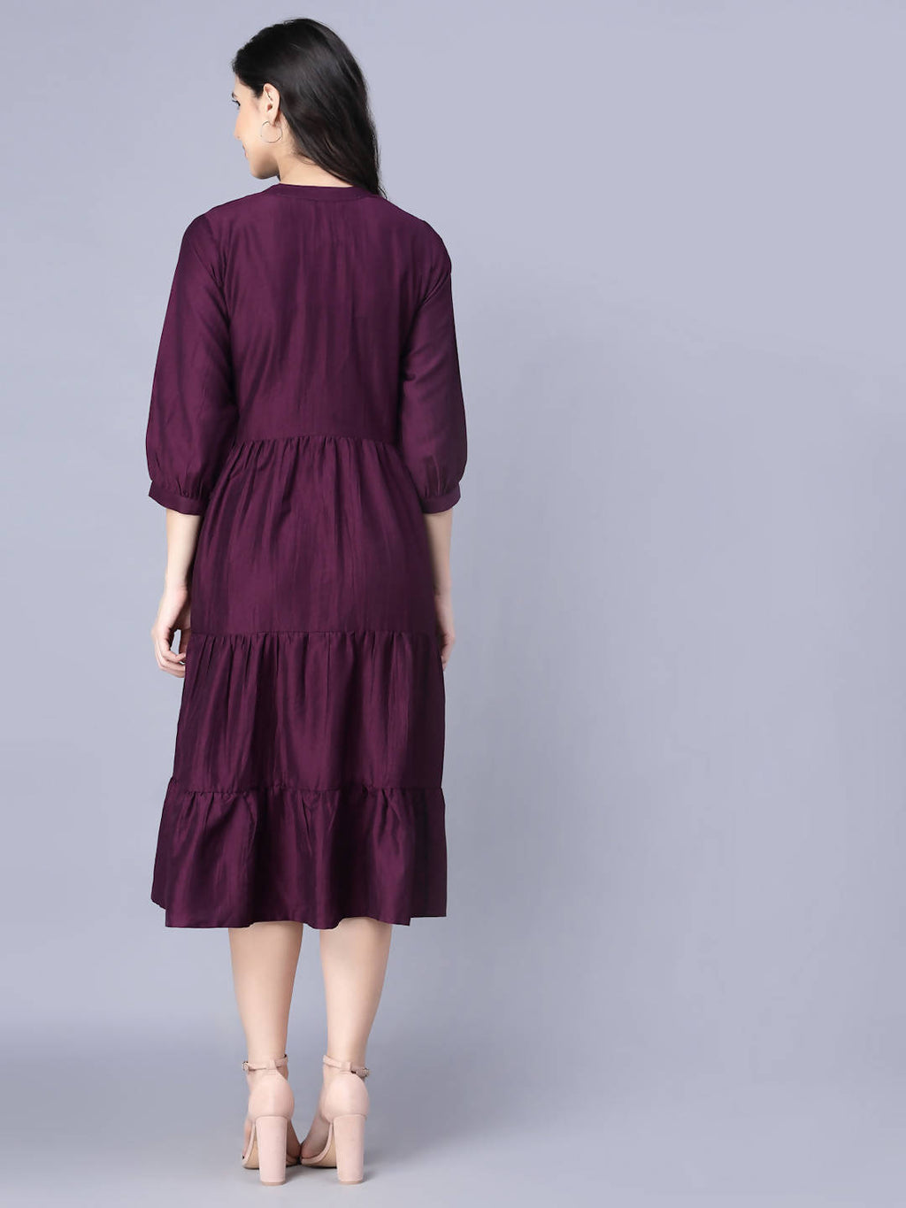 Myshka Silk Solid 3/4 Sleeve V Neck Purple Women Dress | Grocsy