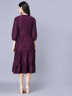 Myshka Silk Solid 3/4 Sleeve V Neck Purple Women Dress | Grocsy