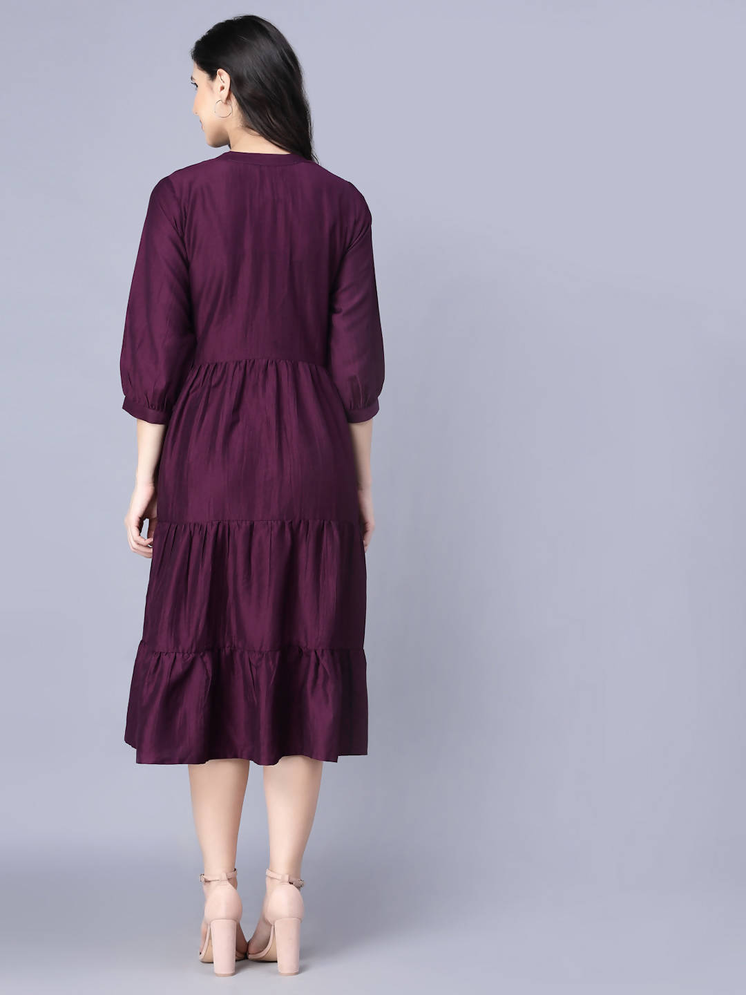 Myshka Silk Solid 3/4 Sleeve V Neck Purple Women Dress | Grocsy