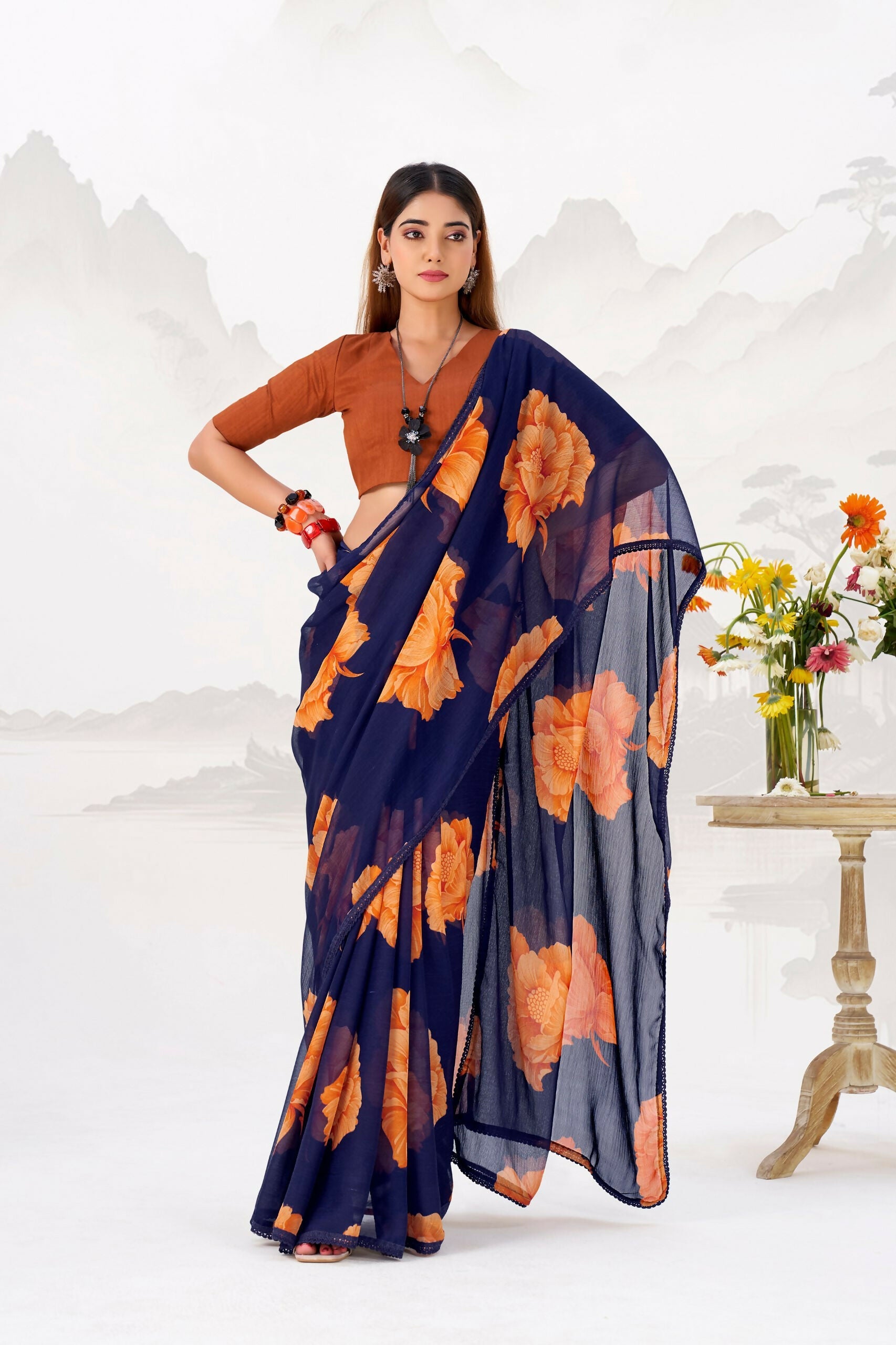 Vastranavya Navy Blue Floral Print with Lace Border work Chiffon Saree & Unstitched Blouse | Grocsy