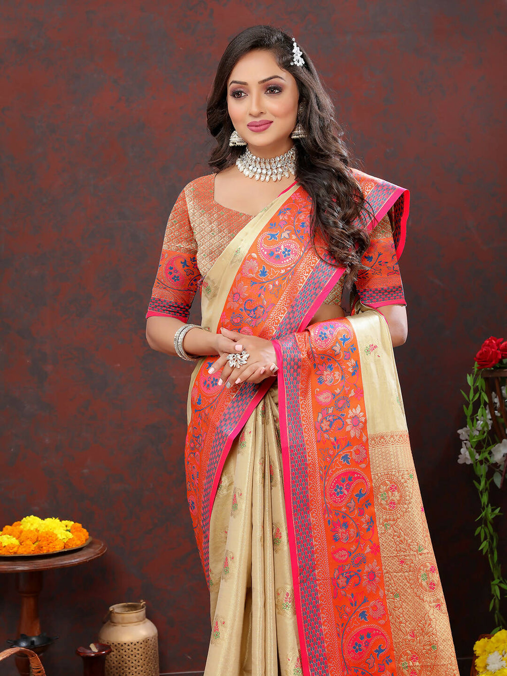 Lorenvalley Fashion Cream Kanjivaram Silk Woven Design with Zari Weaving Saree | Grocsy