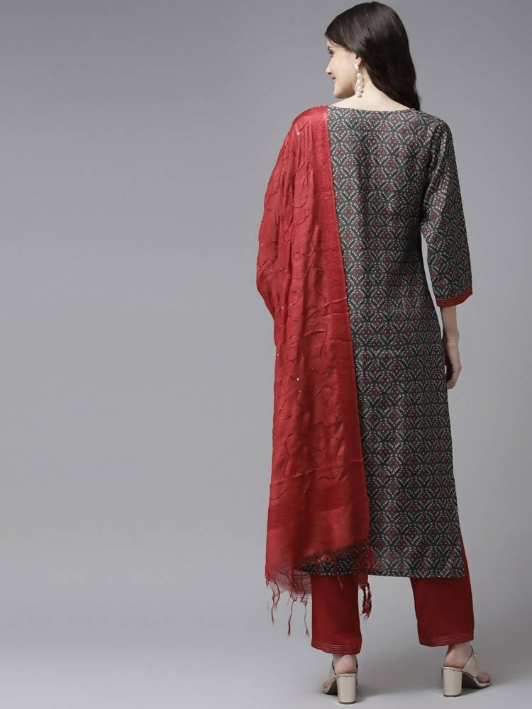 Yufta Women Grey Ethnic Motifs Printed Regular Sequinned Pure Cotton Kurta with Palazzo & With Dupatta | Grocsy