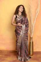 Very Much Indian Modal Silk Ajrakh Handblock Printed Natural Dyes With Designer Border Saree - Brown | Grocsy
