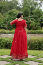 Vastranavya Premium Designer Faux Blooming with Embroidery Zari Sequins work Gown - Red | Grocsy
