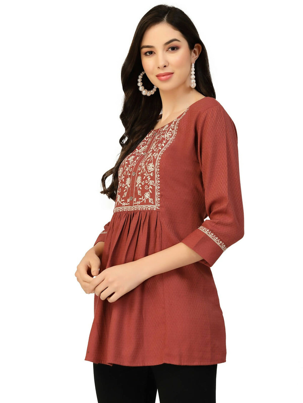 Brown Poly Rayon Floral Embroidered Top - Zeny | Grocsy