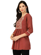 Brown Poly Rayon Floral Embroidered Top - Zeny | Grocsy