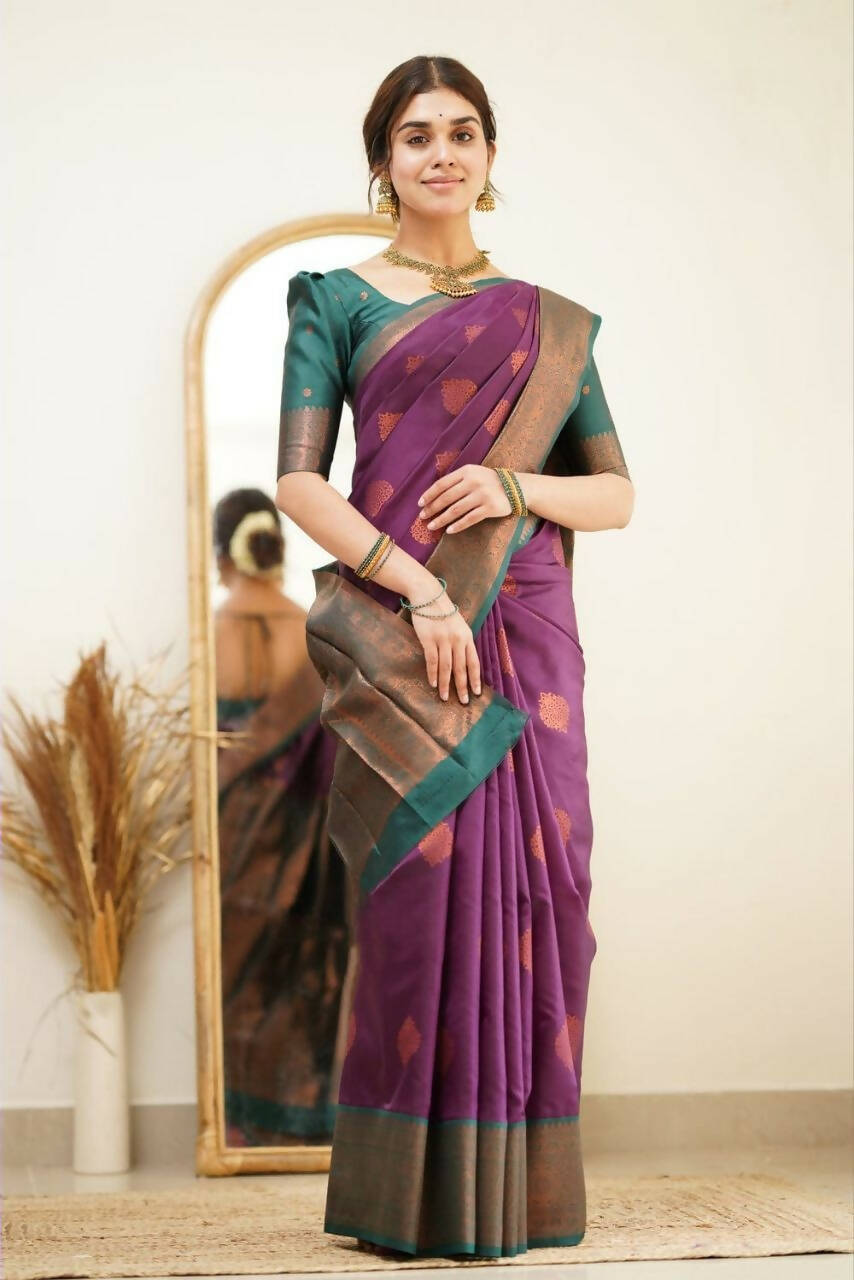 DEIANA'S Beautiful Designer Golden zari Soft Lichi Silk Saree - Purple | Grocsy